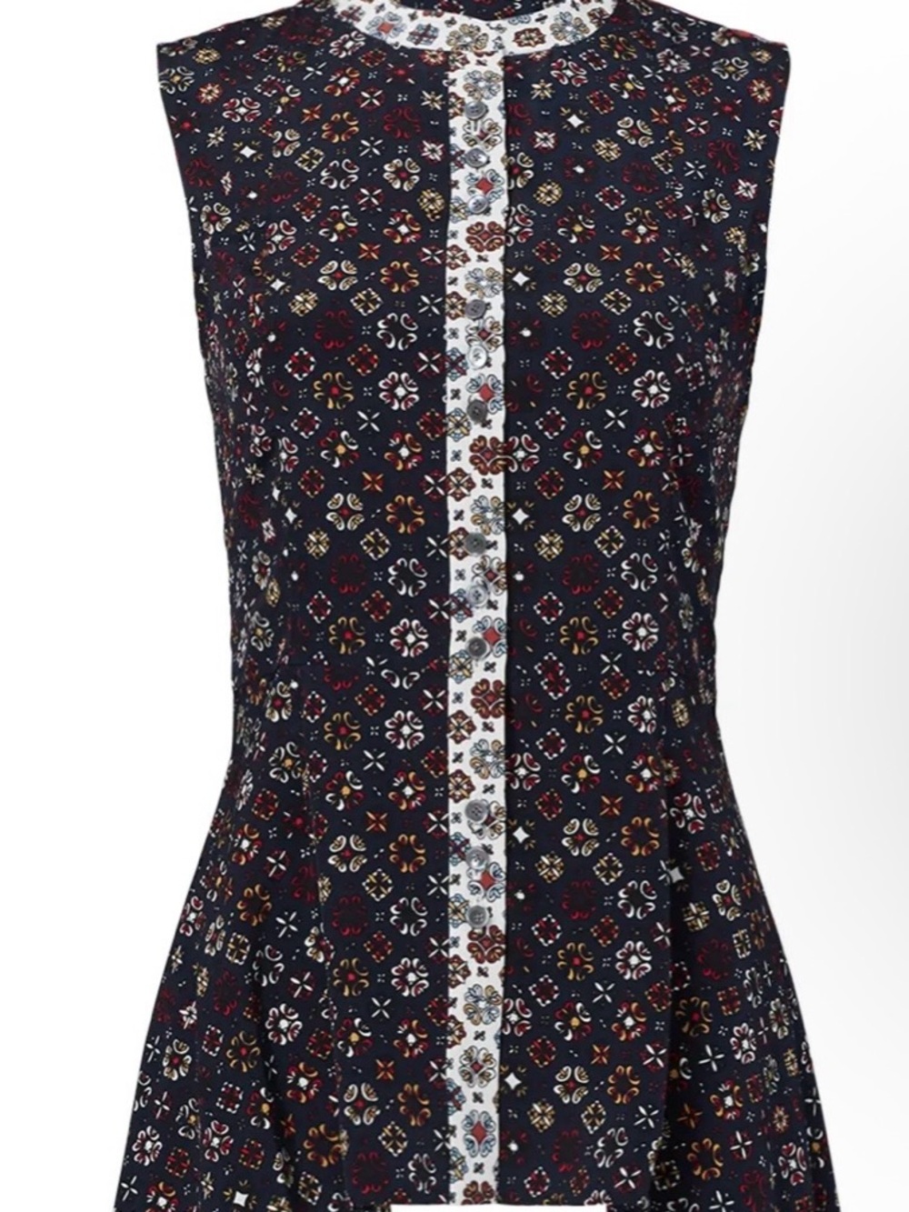 Derek Lam Navy Sleeveless Printed Tunic with White Center Trim